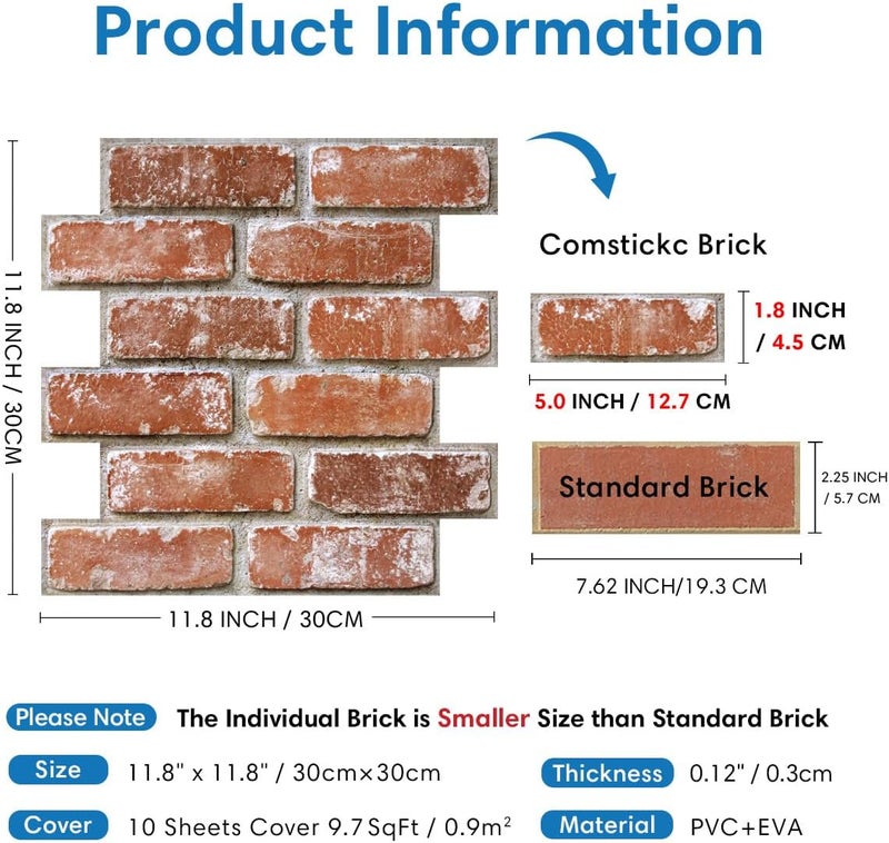 COMSTICKC 3D Faux Brick Peel and Stick Wall Panels,10 Pcs of 12"X12",Small Size, Thin PVC 3D Fake Brick Self Adhesive Wall Covering Wallpaper Interior Decor, Orange Red - Image 5